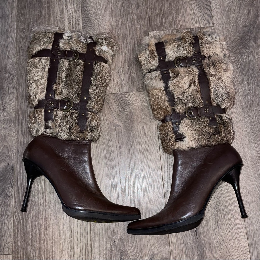 Dollhouse Brown Leather & Fur Heeled Boots